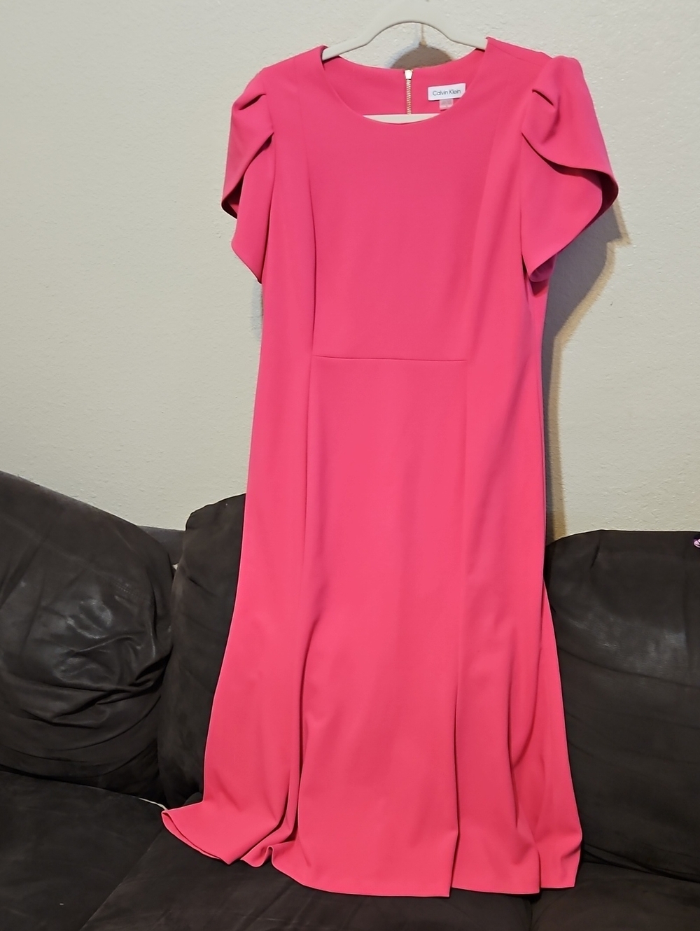 Calvin Klein Pink Midi Dress with Draped Short Sleeves